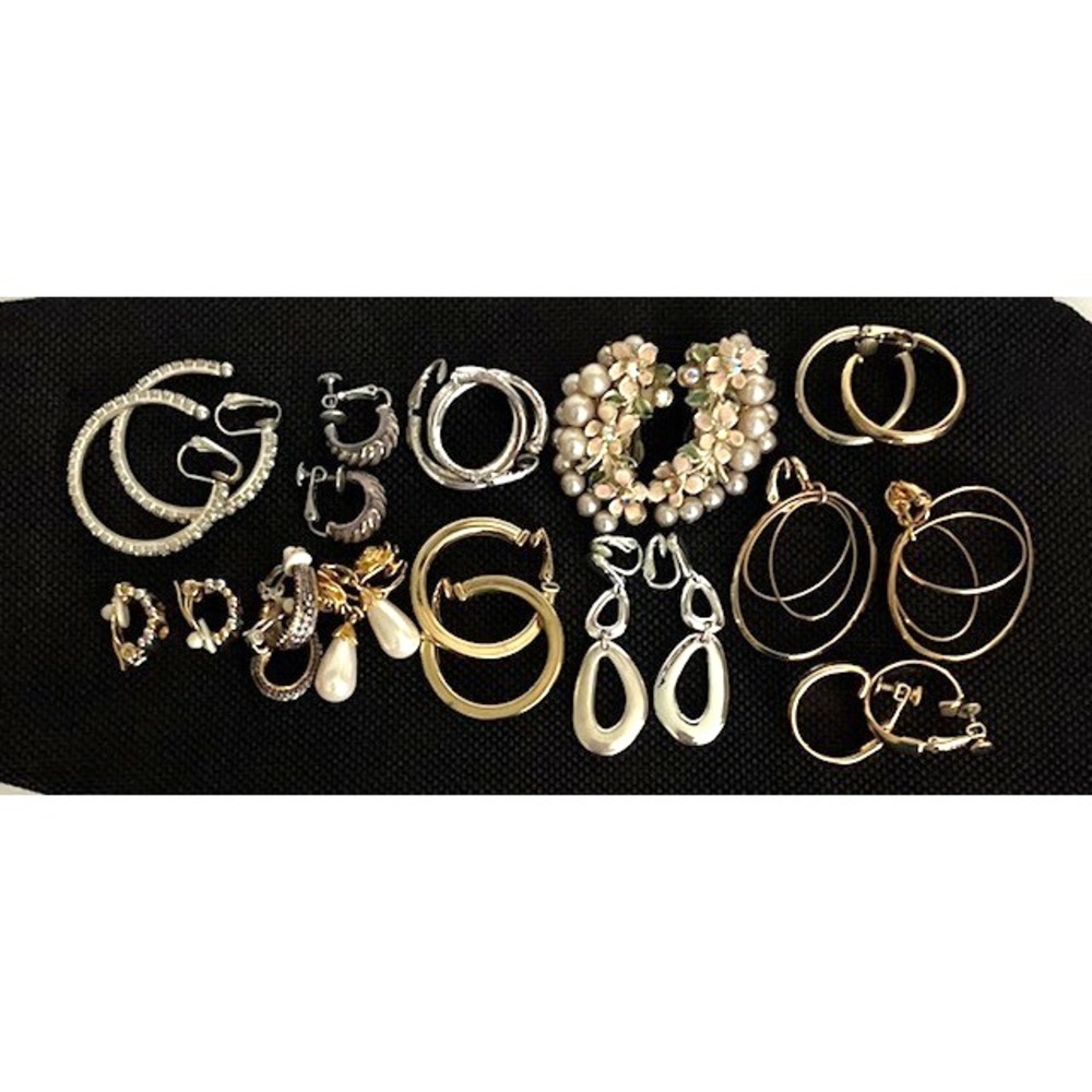 Vintage Clip On Earrings Lot of 12 Gold Tone, Faux Pearl, Rhinestone Estate Find